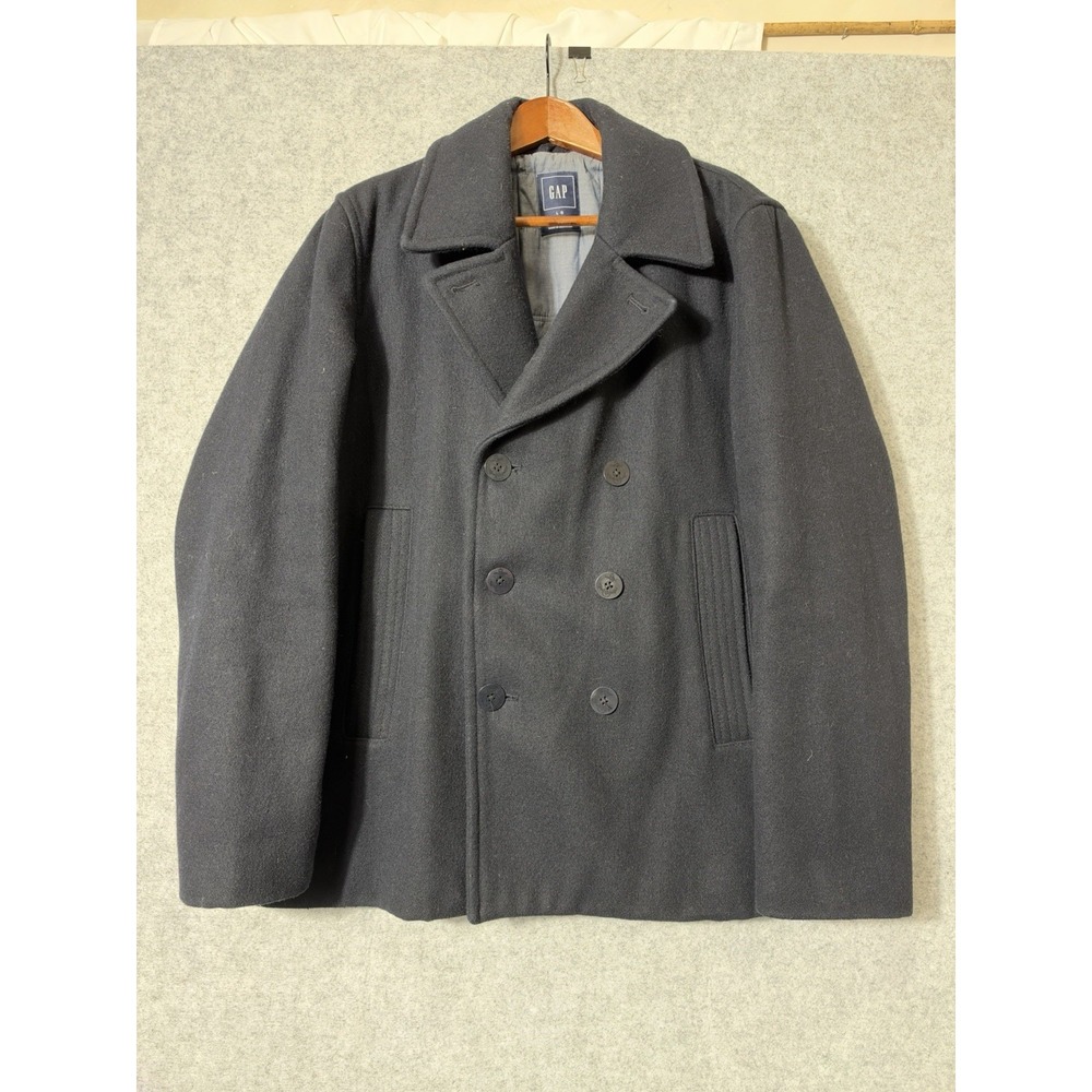GAP Vintage Navy Wool Peacoat Anchor Buttons Double Breasted Quilted Lined Large